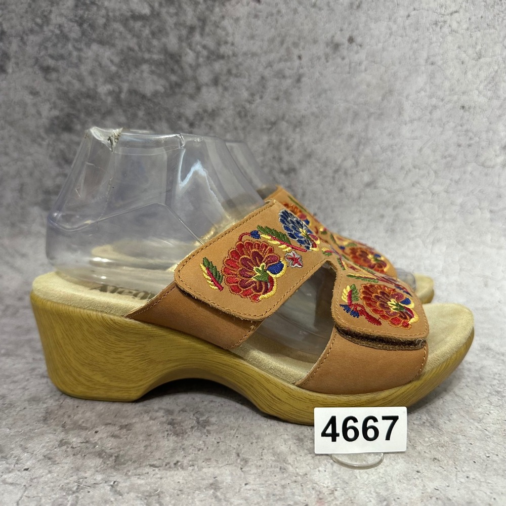 Alegria Linn Wedge Sandal Women Size 38 US 7.5-8 Cognac Floral Leather Shoes
